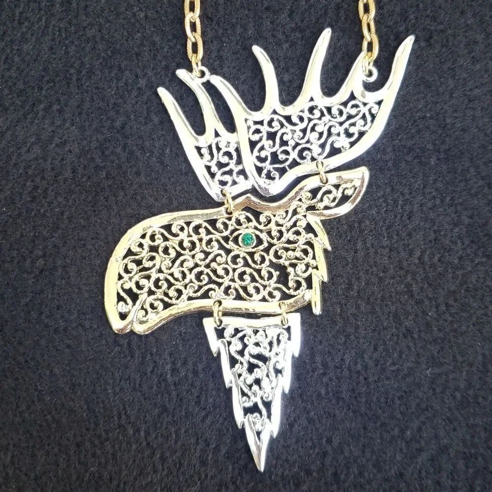 NWT Very Cool Silver Gold 22" Moose Pendant Swinging Necklace